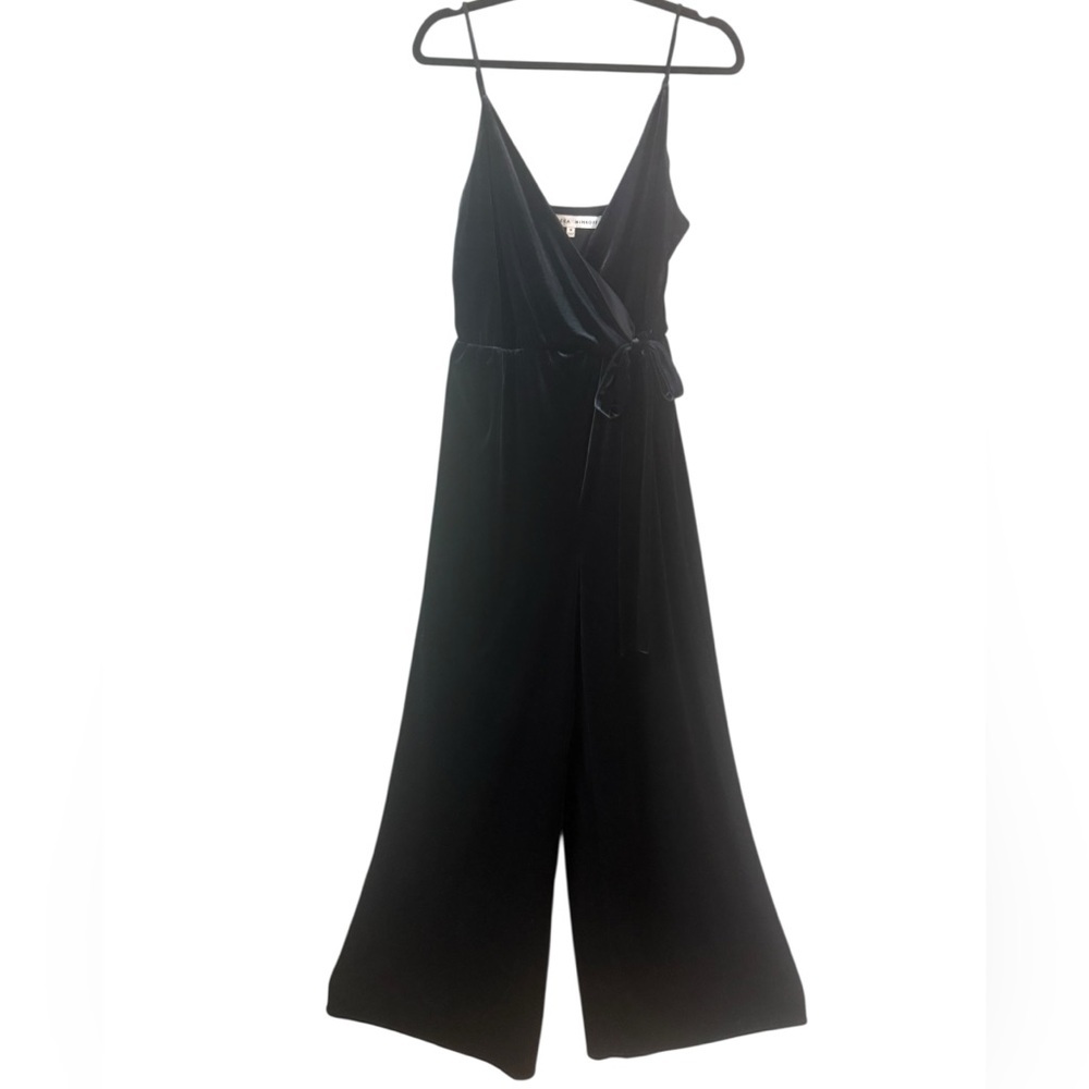 REBECCA MINKOFF Black Velvet Jumpsuit Wide‎ Leg Spaghetti Strap Faux Wrap
